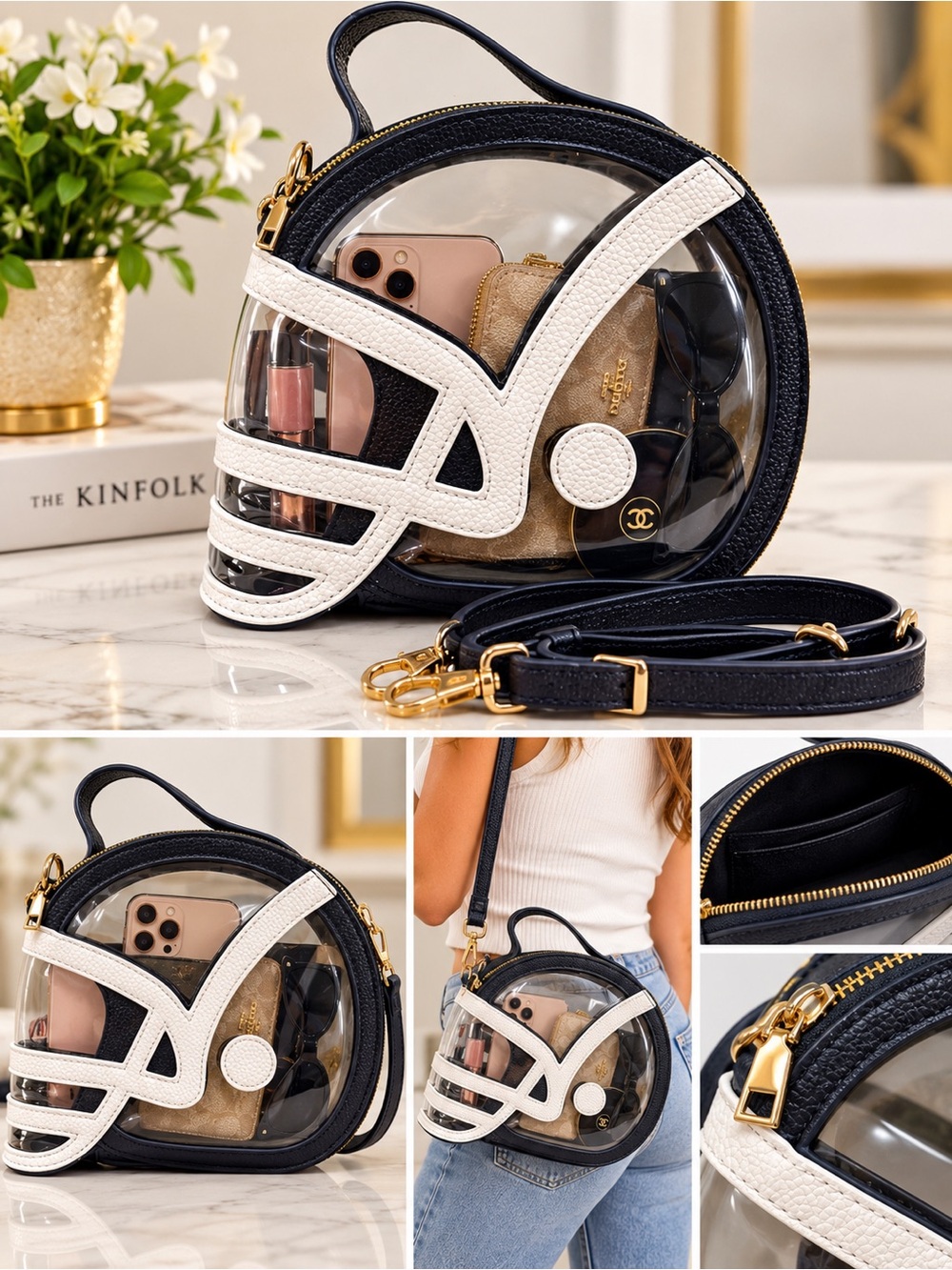 Clear Round Crossbody Bag with navy Body and White Trim